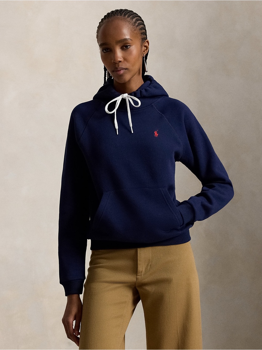 Polo Ralph Lauren Shrunken Navy Hoodie White Drawcord Red Polo Stitch Sweatshirt